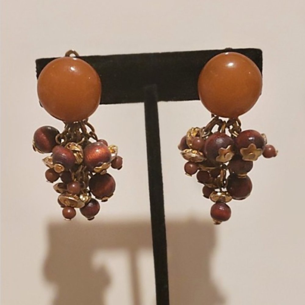 Boho Amber and Wood Bead Cluster Clip On Earrings